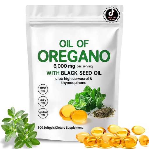 [BRSRGFIBO55Q4CIY] Oil of Oregano with Black Seed Oil,2-in-1 Oregano Oil Capsules Organic,6000mg Per Serving,300 Softgels,4X Strength Carvacrol & Thymoquinone,Non-GMO,Gluten Free & Immune Support