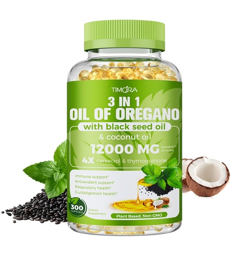 [BRSRECQ7BAJRY3DH] TIMORA 40:1 Oil of Oregano Softgels with Black Seed & Coconut Oil, 300 Count | 3-in-1 Formula for Digestive & Immune Support | Small, Easy-to-Swallow Capsules | Plant-Based, Non-GMO