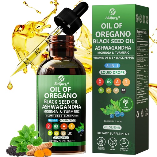 [BRSRECYZAVYWAC37] Oil of Oregano with Black Seed Oil | 8 in 1 Organic Oregano Oil Drops with Ashwagandha, Moringa & Turmeric | Natural Herbal Supplements for Immune Support & Stress Relief | Vegan Friendly, 2 Fl Oz