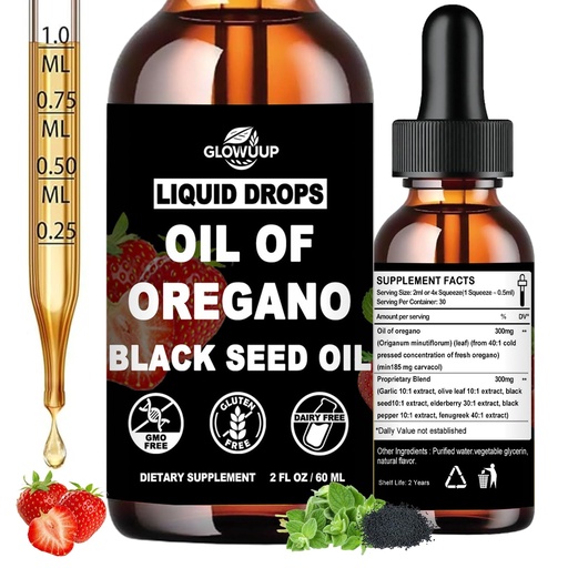 [BRSRGAD4CUIQ4YA6] Oil of Oregano with Black Seed Oil Liquid Drops, High Carvacrol & Thymoquinone Aceite de Orégano, Oregano Oil Supplement for Immune & Gut Health, Fast Absorb Oregano Liquid Than Capsules丨2Fl Oz, Vegan