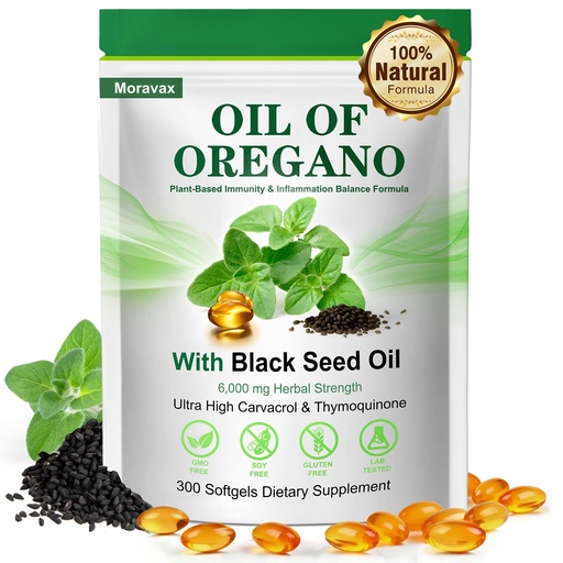 [BRSRGBQ5C4NQOE3H] Oil of Oregano Softgels with Black Seed Oil 300 Softgels, 6000mg High Potency Oregano Oil Capsules with Organic Carvacrol & Thymoquinone, Immune & Digestive Support, Non-GMO, Gluten Free