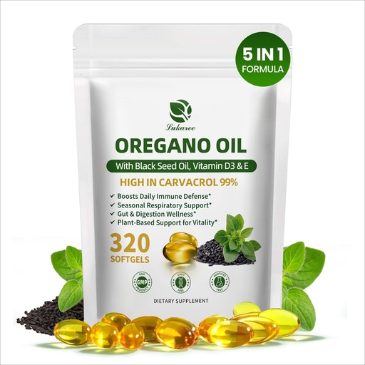 [BRSRE2T2CF7W2A35] 5-IN-1 Oil of Oregano with Black Seed Oil, 99% Carvacrol | Thymoquinone 320 Count Organic Oregano Oil Capsules , Vitamin D3/E/Black Pepper for Absorption, Supports Immune/Gut/Respiratory, Non-GMO