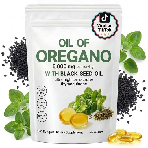 [BRSREFL3BUORQFLK] J-PRQ 2-in-1 Oil of Oregano Softgels, Organic Oregano Oil Supplement Capsules, Non-GMO, 6000 mg Oregano Oil and 200 mg Black Seed Oil