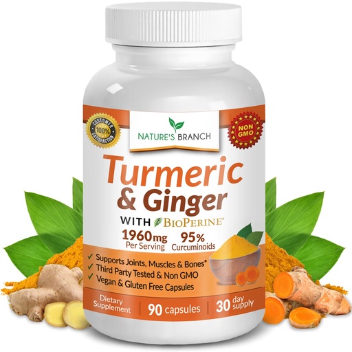 [BRSWGHTYAEIGACL2] Turmeric and Ginger Supplement - Organic Turmeric & BioPerine - 95% Curcuminoids for Joint Support & Digestion | High Absorption Black Pepper Extract, Vegan, Curcumin Pills, Extra Strength 90 Capsules