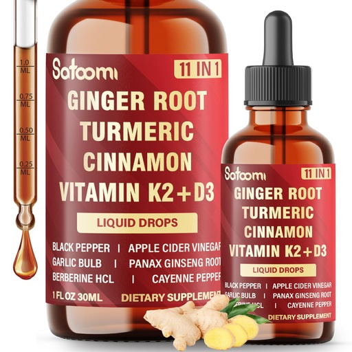 [BRSREFL6OIOWGDT3] 11in1 Ginger Root Liquid for Support Immune & Digestion with Vitamin D3, K2, Turmeric, Ceylon Cinnamon, Black Pepper, Berberine, Garlic & More – 1 FL Oz - 30 Servings Herbal Extract Drops