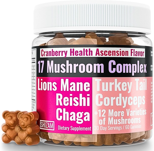 [BRSRMC34AB6GECLF] SHIZAM 17 Mushroom Complex Gummies for Adults Chaga Lions Mane Cordyceps Reishi Lion's Mane Turkeytail Turkey Tail, Better Daily Supplement Alt for Capsules & Powder Vitamins Super-Food Blend 10