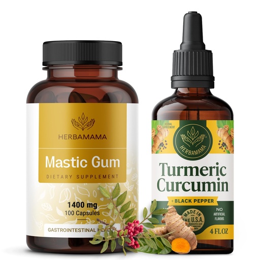 [BRSRAGAYCQNWECL3] HERBAMAMA Mastic Gum and Turmeric Ginger Kit - Bundle of 1400 mg Mastic Gum Capsules & Turmeric Ginger Tincture 2 fl oz - Vegan, Non-GMO, Sugar & Alcohol-Free - 2 Pack