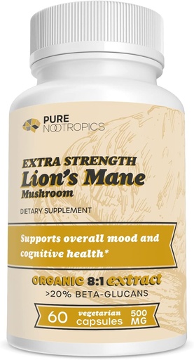 [BRSRMC32B4BR4YAY] Pure Nootropics - Organic Lion's Mane 8:1 Mushroom 500 mg | Dual Extract | 60 Vegetarian Caps | >20% beta-glucans | Hericium erinaceus | Brain Health