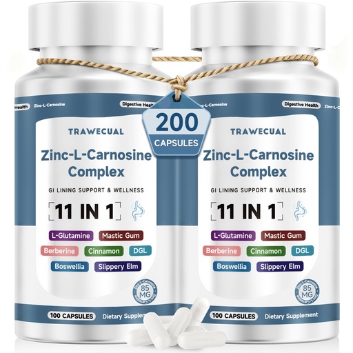[BRSRGZ33AQMWMGQ2] Zinc L Carnosine Complex 85mg, 11-in-1 Digestive & Gut Health Support, with Soothing Blend, L-Glutamine & Mastic Gum, 200 Capsules, Non-GMO, Vegan