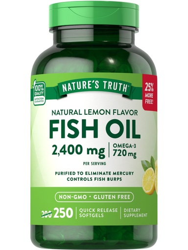 [BRSWICQBBAFRS3DA] Nature's Truth Burpless Fish Oil 2400mg | 250 Softgels | 720 mg Omega 3 | Natural Lemon Flavor Pills | Non-GMO & Gluten Free Supplement