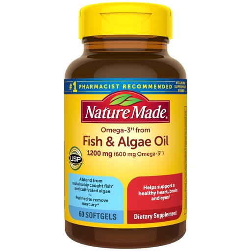 [BRSRABALOEIWOET6] Nature Made Omega 3 Fish Oil and Algae Oil Supplements, 1200mg, Algae Oil & Fish Oil Blend, Omega 3 Supplement for Heart, Brain and Eyes Support, One Per Day, 60 Softgels