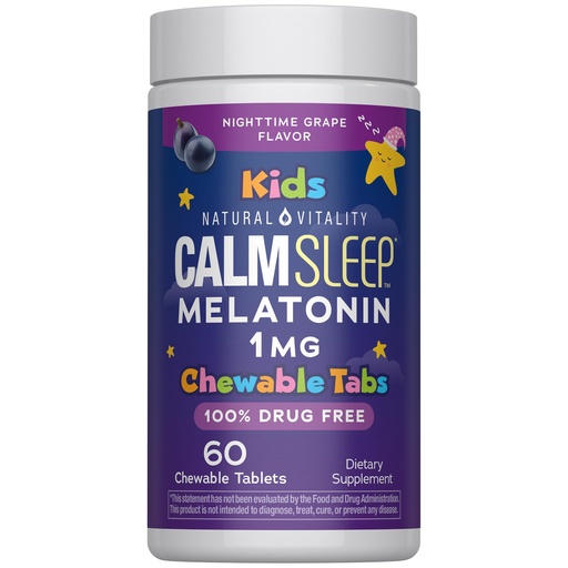 [BRSRGYYHPIGW2CI3] Natural Vitality Kids Calm Sleep Melatonin | 1mg Chewable Tablets | 100% Drug Free | Nighttime Grape Flavored Supplement | 60 Count