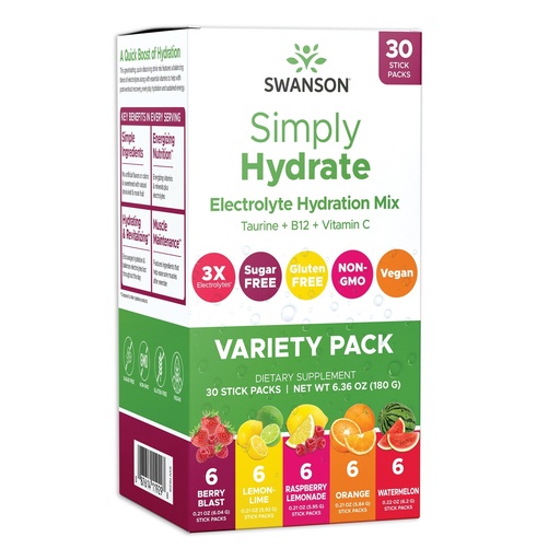 [BRSRAGD2BABR6CLJ] Swanson Simply Hydrate Sugar-Free Electrolyte Mix for Athletes and Active Adults Seeking On-the-Go Hydration - Variety Pack (30 Packets)
