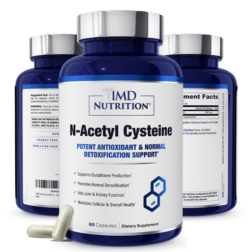 [BRSROAAPPMCAYYDU] 1MD Nutrition NAC Supplement N-Acetyl Cysteine - NAC 600 mg - Antioxidant Supports Detox and Glutathione Production - N Acetylcysteine Respiratory Supplement for Lung Health - 60 Capsules