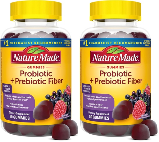 [BRSRGGQKDEDQEHLJ] Nature Made Probiotic + Prebiotic Fiber Gummies for Daily Gut Health,Fiber Supplement with Probiotics for Digestive Health Support,50 Gummies,25 Day Supply,(Pack of 2)