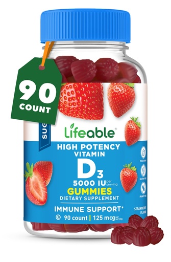 [BRSWYHA3AAMBMFIU] Lifeable Sugar Free Vitamin D 5000 IU - Great Tasting Natural Flavor Gummy Supplement - Gluten Free Vegetarian GMO-Free Chewable - for Immune Support and Bone Health - for Adults - 90 Gummies