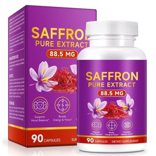 [BRSREAA2BAFROFY2] Saffron Supplements Capsules for Women & Men 90 Count - Pure Saffron Extract - Supports Mood, Focus, Energy, Eye Health - Vegan, Non-GMO, 3 Month Supply
