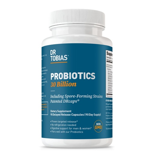 [BRSW2GQFOUJRA3T6] Dr. Tobias Probiotics 30 Billion, 10 Strains, 30 Billion CFU's, Targeted Release Probiotics for Women & Men, Supports Digestive Health, Shelf-Stable, Non-GMO, 90 Capsules, 90 Servings