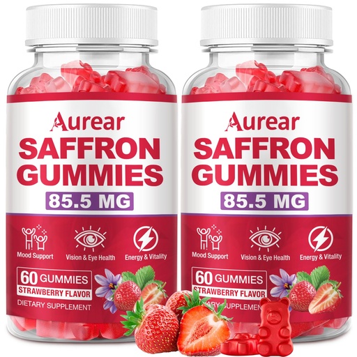 [BRSRECAKCQJWM2DO] Saffron Gummies, 10-in-1 Saffron Supplement, Contains 88.5 mg of Saffron Extract, Helps Regulate Mood and Promote Sleep, Sugar-Free, Strawberry Flavor,120 Count