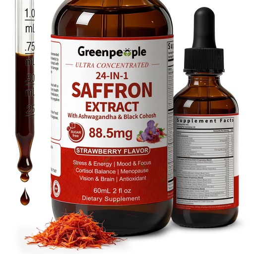 [BRSRGYA2PN6GMYD2] GREENPEOPLE Saffron Extract Supplements Drop - 24-in-1 88.5mg Saffron Extract with Ashwagandha,Black Cohosh & Lion's Mane for Mood&Focus,Stress Relief,Cortisol Reducer,Menopause – Vegan 2FL OZ