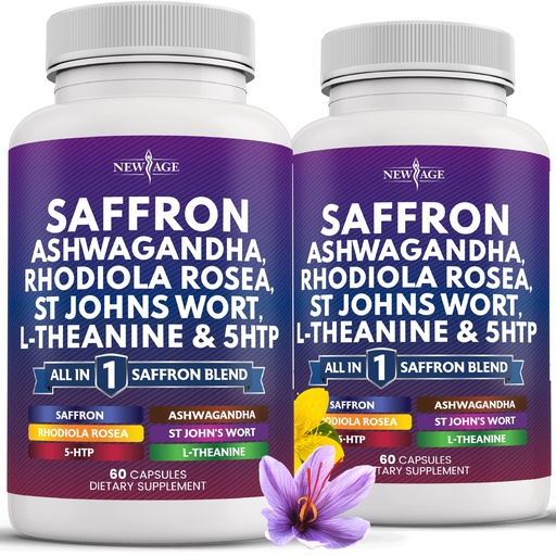 [BRSRABIKBENAAHQZ] NEW AGE Saffron Supplements with Ashwagandha - Support with L-Theanine, Ginkgo Biloba, St. John's Wort, Rhodiola Rosea & 5-HTP - Saffron 120 Count