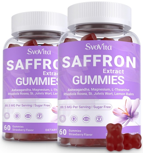 [BRSRECYPCIBAEELU] Saffron Gummies Supplements with 88.5 mg Saffron Extract, Magnesium Glycinate, L-Theanine, Ashwagandha, Rhodiola Rosea, St. John’s Wort - Sugar Free 120 Count