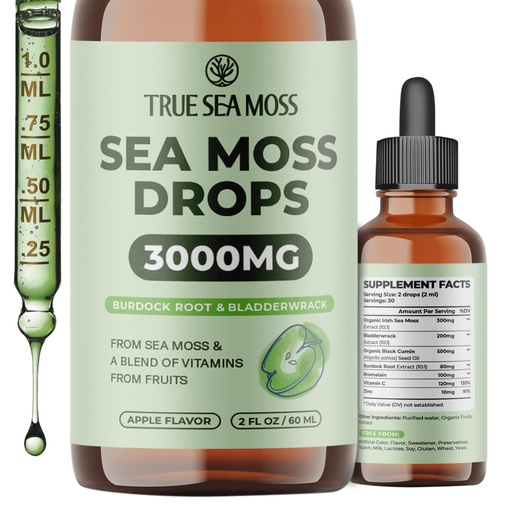 [BRSRABA5PICQ2E3F] TrueSeaMoss Organic Irish Sea Moss Liquid Drops – Black Cumin Seed Oil, Bladderwrack Extract, Burdock Root, Vitamin C & Zinc – Apple Flavor – 30 Servings