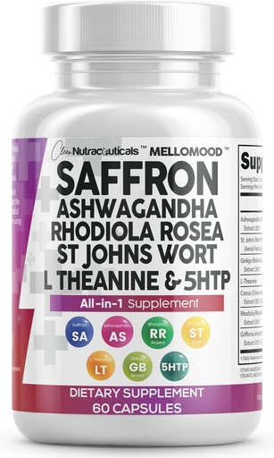 [BRSROAARCN4B63QZ] Clean Nutraceuticals Saffron Supplements Extract 100mg + Ashwagandha L-Theanine 200mg - Mood Support Ginkgo Biloba, St. John's Wort, Rhodiola Rosea & 5-HTP Capsules Pills Men Women