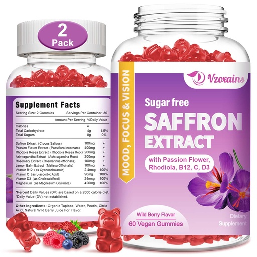 [BRSRO2YFCQHB4ET4] Saffron Gummies, 10 in 1 Saffron Supplements Gummies with Magnesium, Ashwagandha & Rhodiola Rosea, Sugar Free Vegan Mixed Berry Flavor - 2 Pack 120Cts