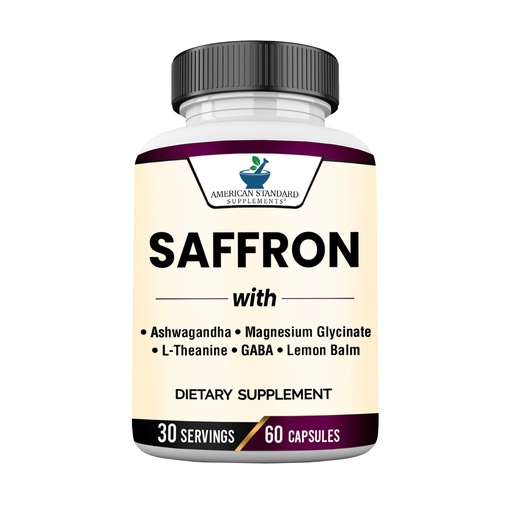 [BRSRECT2DN5GGGQ6] American Standard Supplements Saffron Extract 100mg Per Serving with Magnesium Glycinate, Ashwagandha, L-Theanine, GABA, Lemon Balm, Vegan, Non-GMO, 60 Capsules