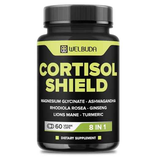 [BRSRAEL4BAIRM2TA] WELBUDA 8in1 Cortisol Shield - Ashwagandha and Magnesium, Rhodiola Rosea, Lions Mane, Gingsen, and 3 More - Relaxation & Restful Night Support & Mood Balance - 60 Count