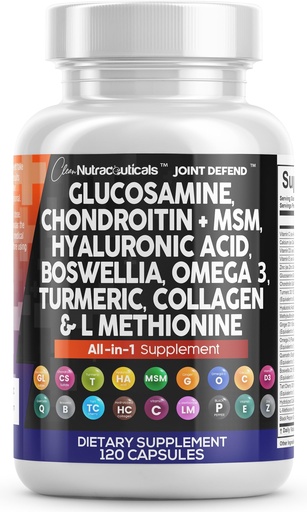 [BRSROFIPAB6AMGT4] Clean Nutraceuticals Glucosamine 1500mg Chondroitin 1200mg MSM with Turmeric Curcumin, Collagen, Hyaluronic Acid, Omega 3 – Joint Health Supplement for Men & Women – Joint Complex – 120 Count