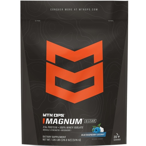 [BRSREEIEDIDW2C3B] MTN OPS Magnum Clear Protein Powder – 23g 100% Whey Protein Isolate per Serving, Low Carb (<1g), Quick-Digesting, Gluten-Free, Low Lactose, Refreshing Blue Raspberry Coconut, 20 Servings