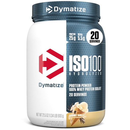 [BRSW22YDOENAGAL3] Dymatize ISO100 Whey Protein Powder Isolate, Gourmet Vanilla, 25g of Protein, 5.5g BCAAs, Less Than 120 Cal., Gluten Free, 1g Fat, 1g Sugar, 2g Carb (20 Servings)