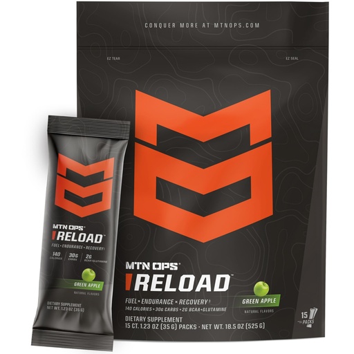 [BRSREZYCABYR4HY2] MTN OPS Reload Ready-to-Mix Carb Mix, 30g Fast-Digesting Carbohydrates, MCT Oil Powder & BCAAs, Energy & Endurance, Single-Serve Stick Packs, 15 Servings, Green Apple