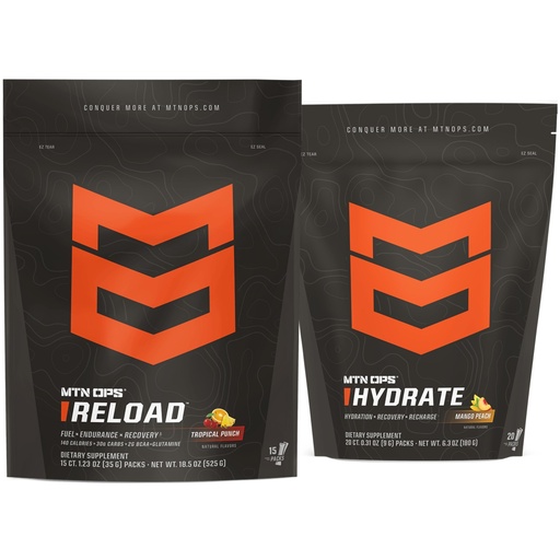 [BRSRGGD6OJ7GYAI2] MTN OPS Reload + Hydrate Bundle, Carb Fuel & Electrolyte Hydration Powder, Fruit Punch + Mango Peach