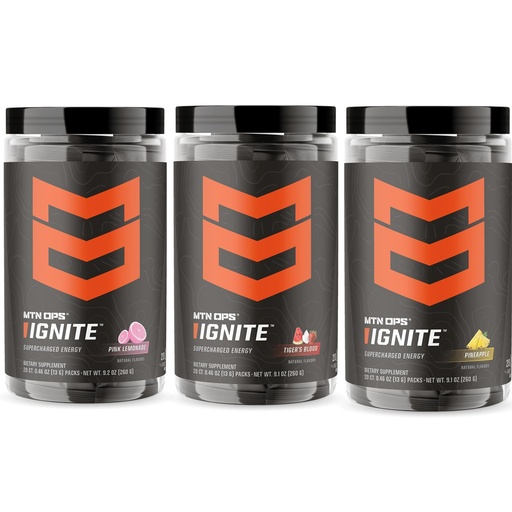 [BRSRGAACOEDWEHT5] MTN OPS Ignite Trail Packs Variety Bundle – Tiger’s Blood, Pink Lemonade & Pineapple Crush – Energy & Focus Drink Mix Packets – On-The-Go Pre Workout Powder