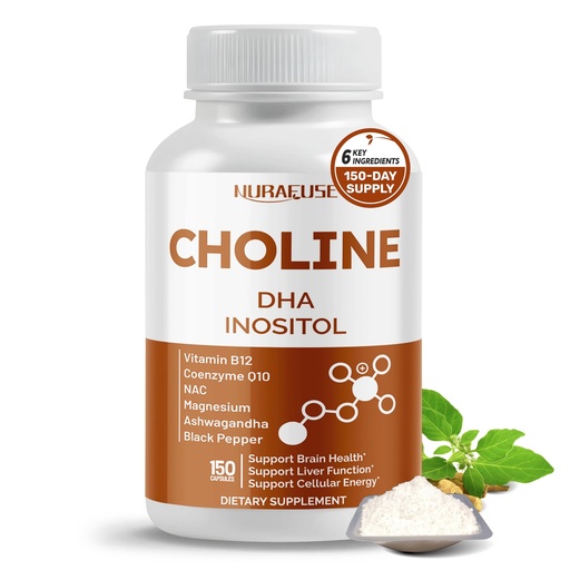 [BRSRABT2DEDQK3T4] Choline with DHA, Inositol, Vitamin B12, Coenzyme Q10, NAC, Magnesium, Ashwagandha – Supports Brain Health, Promotes Liver Health