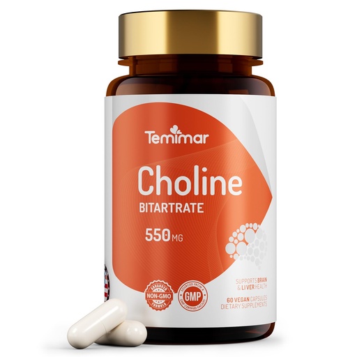 [BRSREYABBYOR43TF] Choline Bitartrate 550mg, Supports Liver & Brain Health, High Absorption Choline Supplements, Non-GMO, Gluten-Free, Made in USA, 60 Vegan Capsules