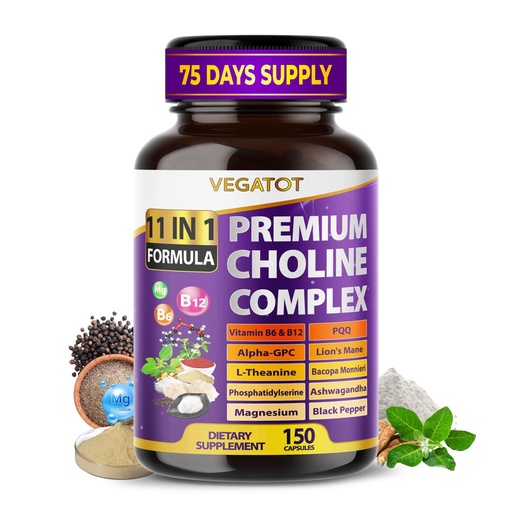 [BRSRGYD4C4IAMCA4] VEGATOT Ultra Organic Choline Complex 10-in-1 Formula with Vitamin B6, B12, Alpha-GPC, Magnesium, L-Theanine & Ashwagandha – Supports Mental Focus & Cognitive Balance – 150 Capsules