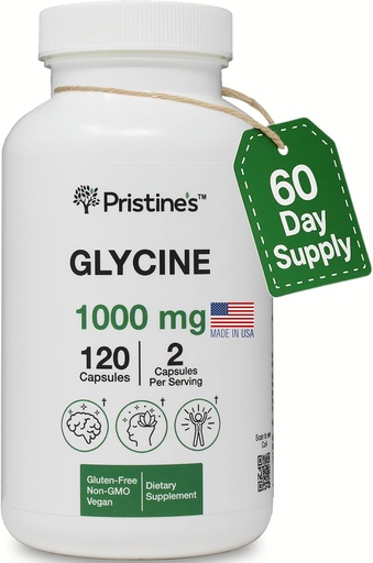 [BRSRAEA3C4MQ2D3L] PRISTINE'S Glycine 1000MG Amino Acid Sleep Support Supplement Capsules - 60 Day Supply - Muscle Recovery, Collagen & Kidney Support Supplement - Vegan, Non GMO, Gluten Free