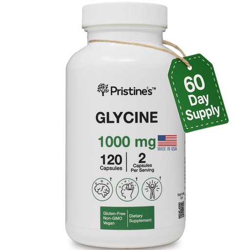 [BRSRAEA3C4MQ2D3L] PRISTINE'S Glycine 1000MG Amino Acid Sleep Support Supplement Capsules - 60 Day Supply - Muscle Recovery, Collagen & Kidney Support Supplement - Vegan, Non GMO, Gluten Free