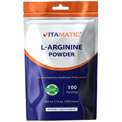 [BRSRGZICAAFWEH37] Vitamatic L-Arginine Pure Powder 500 Gram | Unflavored | Non GMO | Gluten Free | No Additives | 5000mg Per Serving | 100 Servings