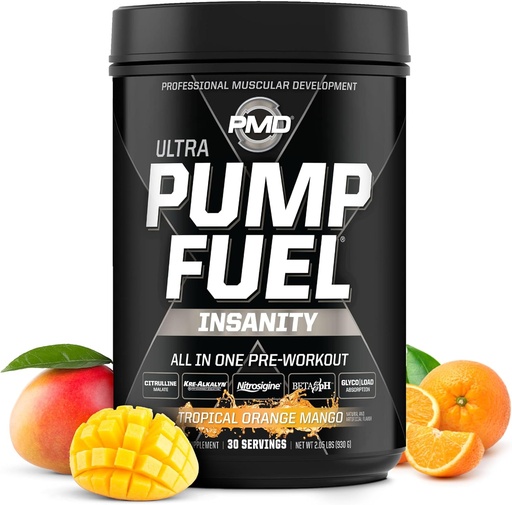 [BRSWGGQPBEHA2D3D] PMD Sports Pump Drivstoff Ultra Insanity - Premium pre trening pulver & muskelpumpe, større fokus, utholdenhet og gjenoppretting, Premium Creatine, Arginine & Beta Alanine, Tropisk oransje mango (30 Serveringer)