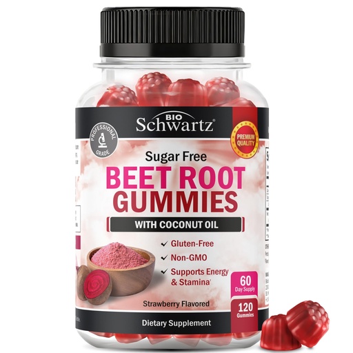 [BRSRMZA7OV5AIEIZ] Sugar Free Beet Root Gummies - Nitric Oxide Gummies Infused with Coconut Oil for Highest Absorption - Supports Energy & Whole Body Health - Delicious Strawberry Flavor - 120 Count (60 Day Supply)