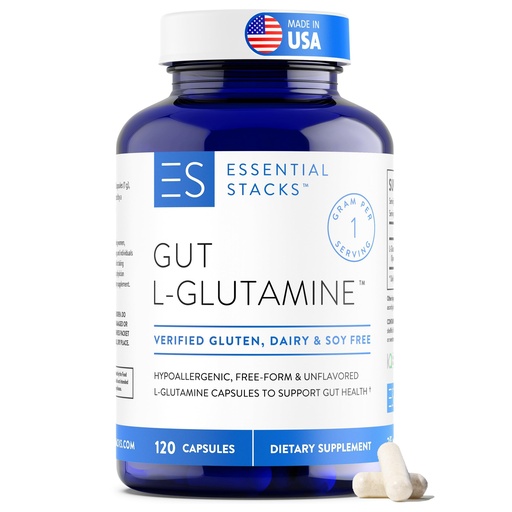 [BRSRMHYKBB4B6ETH] Essential Stacks Gut L-Glutamine Capsules 1000mg (Made in USA) - Gluten, Dairy & Soy Free, Non-GMO L Glutamine for Gut Health - 60 Serves (120 Caps)