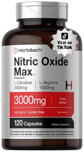 [BRSRAAATOABBE23H] Horbäach Nitric Oxide Supplement | 3000mg | 120 Capsules | Pre Workout with L Arginine and L Citrulline for Men and Women | Non-GMO, Gluten Free Formula