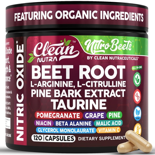 [BRSREEACDICGEDQU] Clean Nutra Organic Beet Root Capsules L Arginine L Citrulline Pine Bark Nitric Oxide Beetroot Powder Arginine Citrulline Supplement Pre Workout Supplements Extract – 120 Vegan Pills