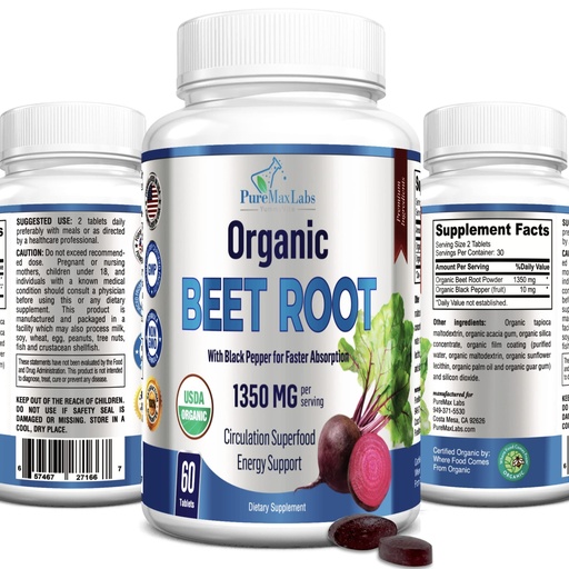 [BRSRM236BEJRSHI4] YUMMYVITE Organic Beet Root Powder Tablets - 1350mg with Black Pepper for Faster Absorption - Boosts Nitric Oxide for Energy and Stamina - 60 Tablets