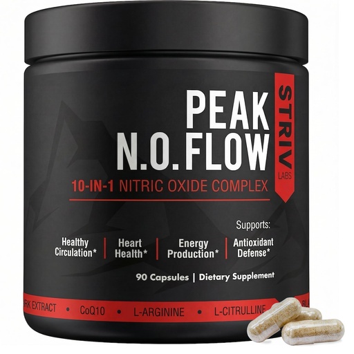 [BRSREHAHAB5B63DZ] Peak Flow 10-in-1 Nitric Oxide Supplement - L Citrulline, L Arginine & CoQ10 - Healthy Circulation, Heart Health & Stimulant-Free Energy - 90 Capsules
